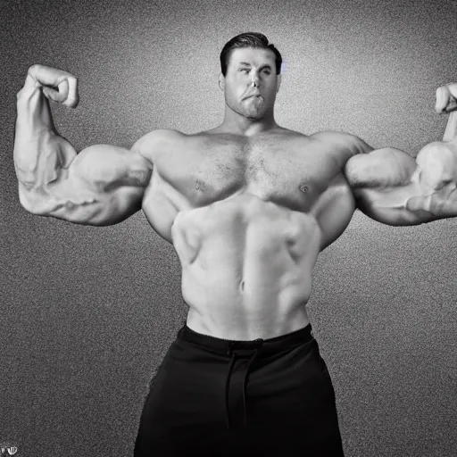 Prompt: very muscular chad man is so muscular that his biceps have biceps, flexing arms, studio photograph, black and white