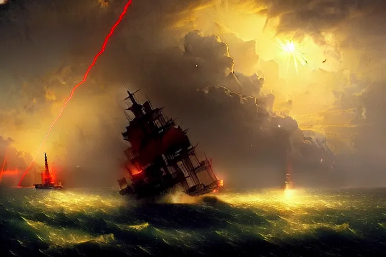 Image similar to A beautiful matte painting of huge alien spaceship attacking with powerful red lasers a Sailship in ocean in thunderstorm by Greg Rutkowski and Ivan aivazovsky