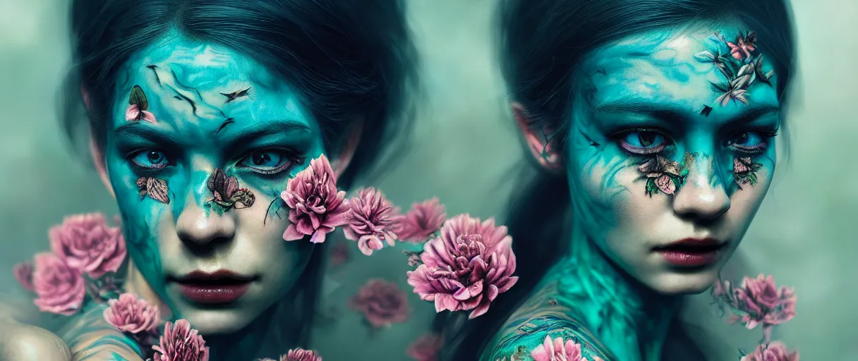 Image similar to hyperrealistic hyper detailed close-up side portrait of gorgeous woman covered in rococo flower tattoos matte painting concept art hannah yata very dramatic dark teal lighting low angle hd 8k sharp 35mm shallow depth of field