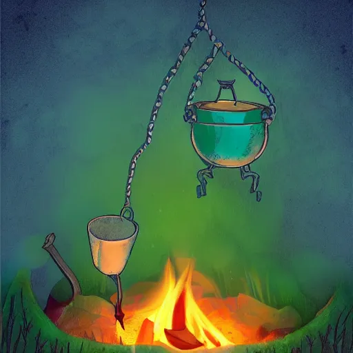 Image similar to a cauldron filled with a magical green glowing potion hanging above a campfire, night, fantasy, digital art, mysterious