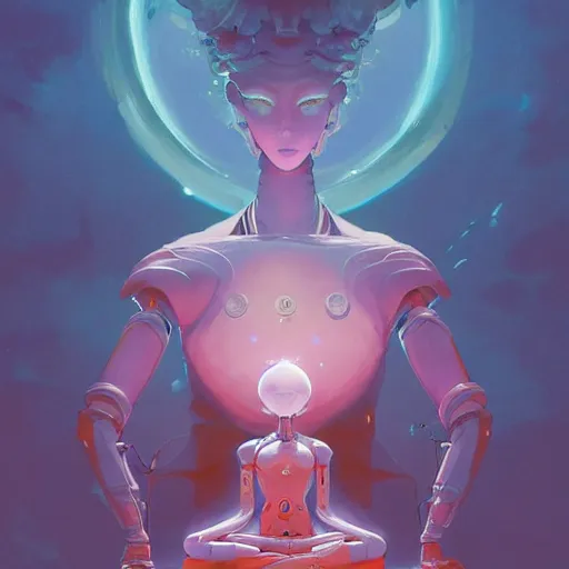 Image similar to a beautiful illustration of a humanoid robot meditating by pete mohrbacher and guweiz and josan gonzalez and and moebius and enki bilal and jean claude meziere, graphic novel