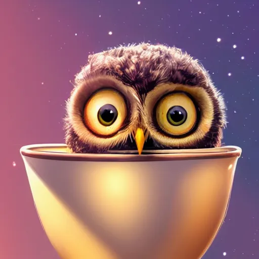 Image similar to long shot of a very cute owl chick nesting in a very futuristic cup, esao andrews, humorous illustration, hyperrealistic, big depth of field, warm colors, night scenery, low light, 3 d octane render, 4 k, conceptart, hyperdetailed, hyperrealistic, trending on artstation