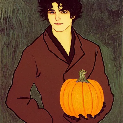 Prompt: painting of young cute handsome beautiful dark medium wavy hair man in his 2 0 s named shadow taehyung at the halloween pumpkin party holding pumpkin, no hands, melancholy, autumn colors, japan, elegant, clear, painting, stylized, delicate, soft facial features, delicate facial features, soft art, art by alphonse mucha, vincent van gogh, egon schiele