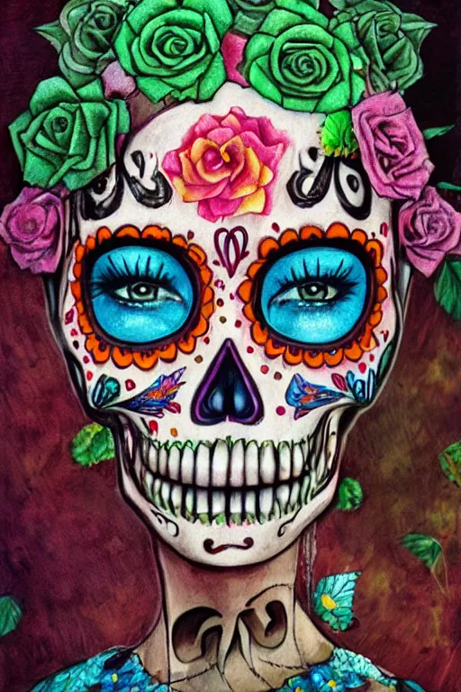 Prompt: illustration of a sugar skull day of the dead girl, art by steve mccurry