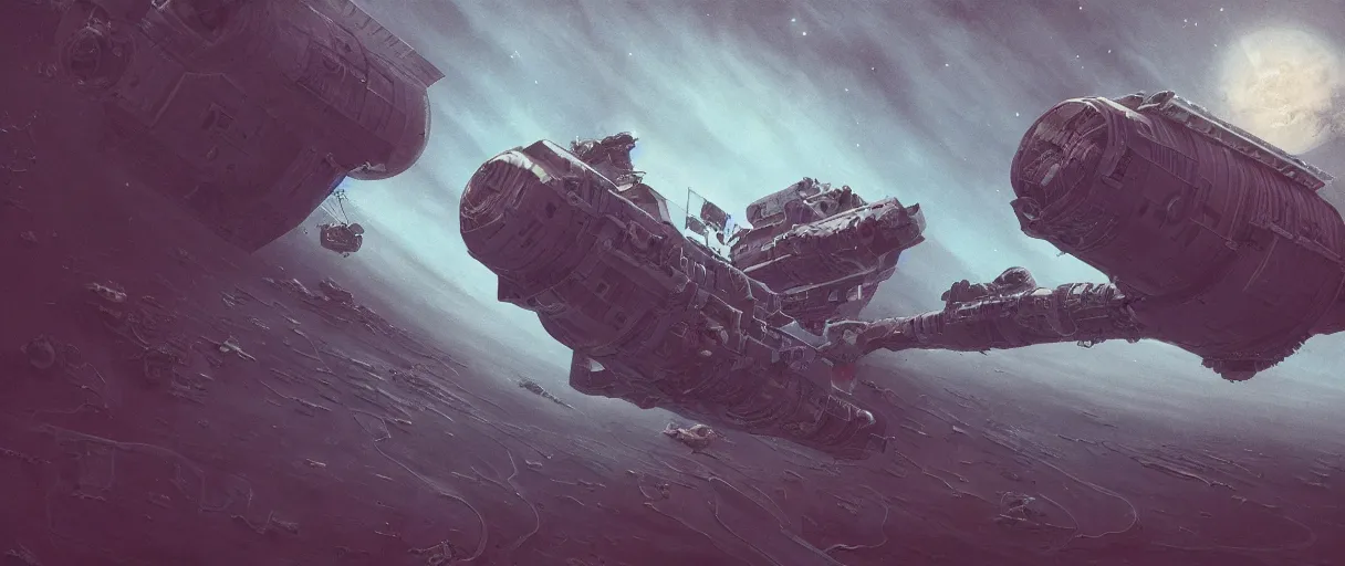 Prompt: lone industrial!!! spaceship!!, deep space exploration!!!, flying, ridley scott universe, the final frontier, illustrative!!, punk, painterly, hyperdetailed, hyperrealistic, utilitarian cargo ship, cinematic lighting, 4k, wide angle, beksinski, trending on artstation, (neon colors)