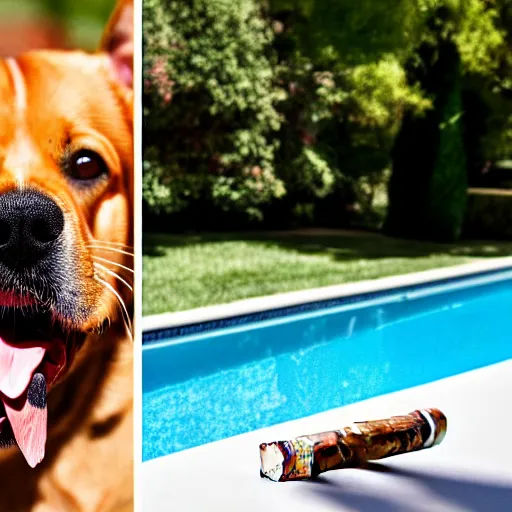 Image similar to a very detailed photo of a dog smoking a cigar outside the mansion by the pool