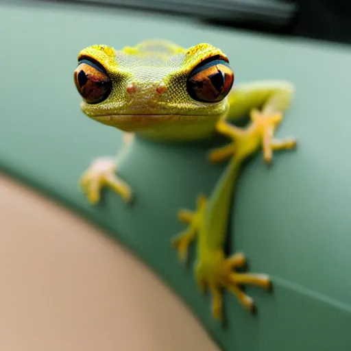 Prompt: a gecko trying to sell car insurance