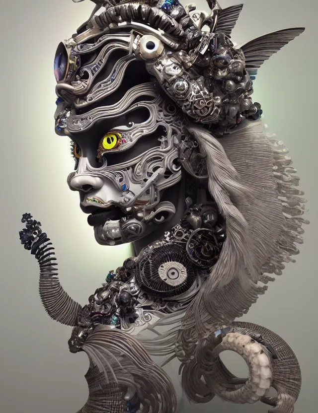 Image similar to 3 d goddess cyborg close - up profile portrait with ram skull. beautiful intricately detailed japanese crow kitsune mask and clasical japanese kimono. betta fish, jellyfish phoenix, bio luminescent, plasma, ice, water, wind, creature, artwork by tooth wu and wlop and beeple and greg rutkowski