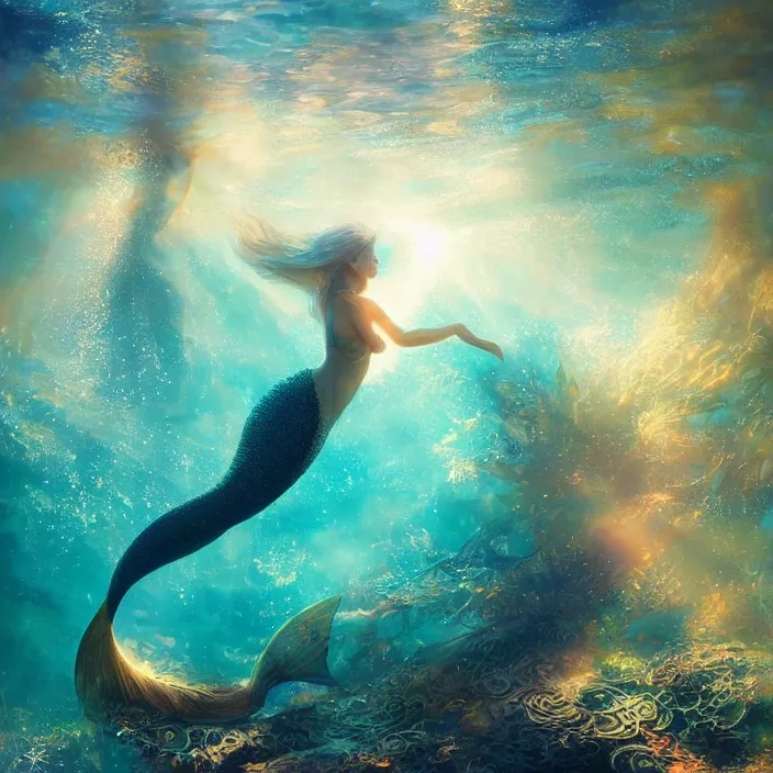 Image similar to glimmering mermaid swimming underwater, golden hour, god rays, coral reef, dreamscape by artgerm and ruan jia and ismail inceoglu and greg olsen, cosmos, milky way galaxy, masterpiece, beautiful, intricate, elegant, highly detailed, palm trees