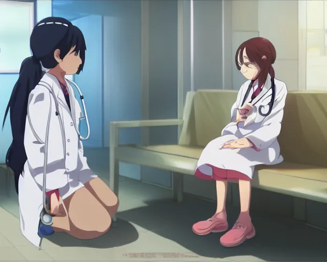 Prompt: a cute young female doctor wearing white coat are talking to a little girl in a hospital, slice of life anime, vivid, anime scenery by Makoto shinkai