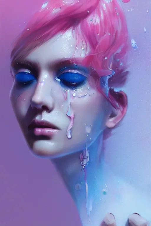 Prompt: 3 d, close - up, liquid white oil, fashion model, tears, deep blue fog, smoke, poster art, high detail, intricate oil painting, multiple exposure, deep pink color palette, hyperrealism, 3 d, by tooth wu and wlop and beeple and greg rutkowski