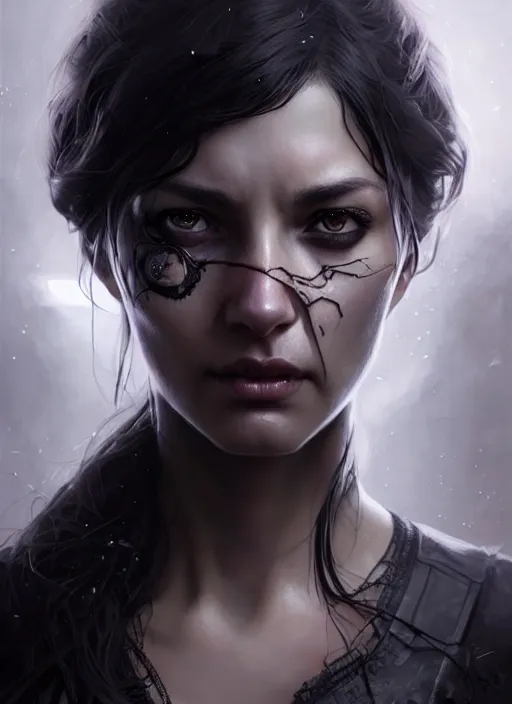 Image similar to lovely woman in distress, black shiny eyes, ultra realistic, concept art, intricate details, eerie, highly detailed, photorealistic, 8 k, unreal engine. art by artgerm and greg rutkowski and magali villeneuve