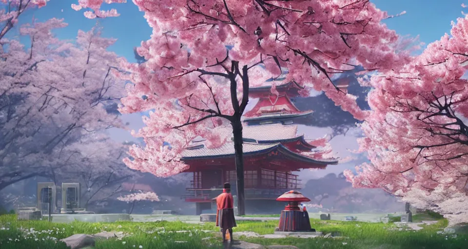 Image similar to Futuristic Japanese landscape with lots of Sakura blossoms and a temple, center composition, cinematic, rendered by simon stålenhag, rendered by Beeple, Makoto Shinkai, syd meade, environment concept, digital art, starwars, unreal engine, 3 point perspective, WLOP, trending on artstation, low level, 4K UHD image, octane render,