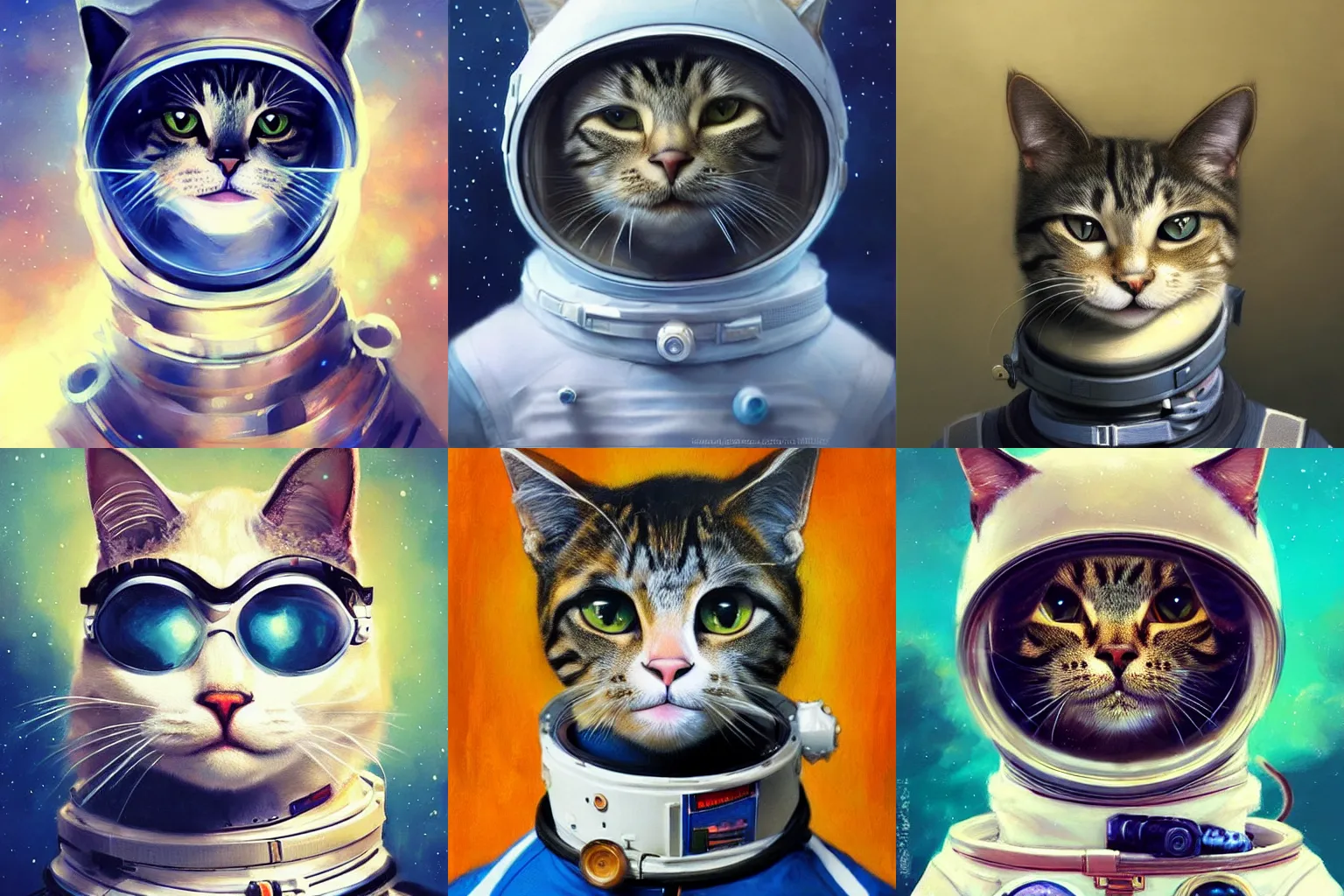 Image similar to head and shoulders masterpiece portrait of a cat wearing a spacesuit, surreal background, digital art by Krenz Cushart, trending on artstation, cgsociety,