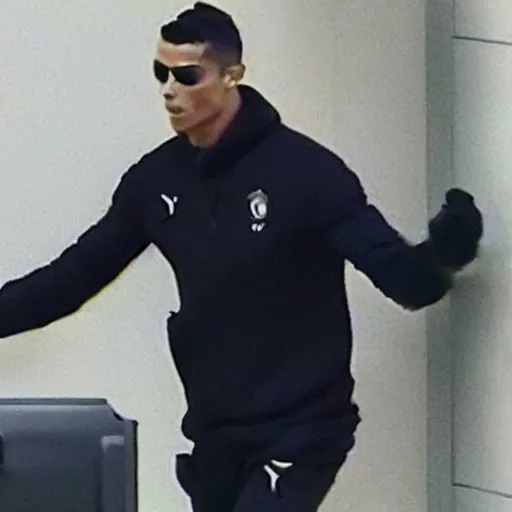 Prompt: security camera footage of cristiano ronaldo robbing a bank, he is holding a gun