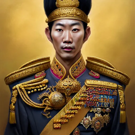 Image similar to dark tall and handsome korean male dressed as king ramkhamhaeng of sukhothai, intricate, highly detailed, centered, digital painting, artstation, concept art, smooth, sharp focus, illustration, artgerm, tomasz alen kopera, peter mohrbacher, donato giancola, joseph christian leyendecker, wlop, boris vallejo