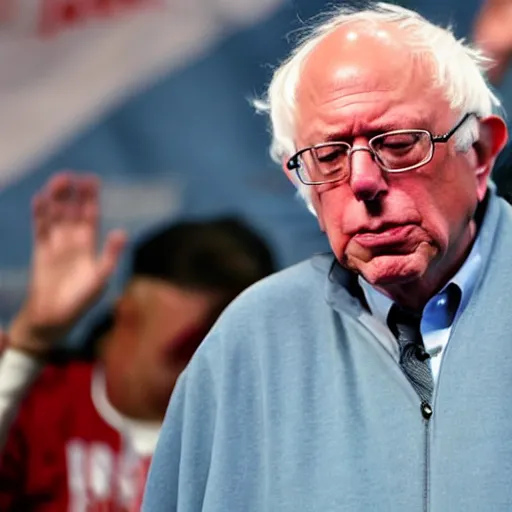 Prompt: Sleepy Bernie sanders wraps up in a warm blanket, photograph