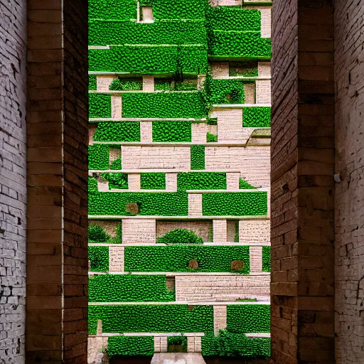 Image similar to courtyard complex of a labyrinthine monastary made of iteratively stacked voxel bricks, fusion of carlo scarpa and louis kahn, moss and ivy growing on the bricks, architectural photography