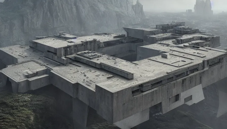 Prompt: big brutalist imperial military base on cliffs, drawing architecture, very long shot, top angle, imperial architecture in rogue one, pritzker architecture prize, brutalism architecture, jan urschel