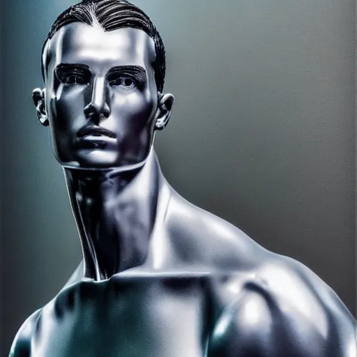 Image similar to “a realistic detailed photo of a guy who is an attractive humanoid who is half robot and half humanoid, who is a male android, Cristiano Ronaldo, shiny skin, posing like a statue, blank stare, at the museum, on display”