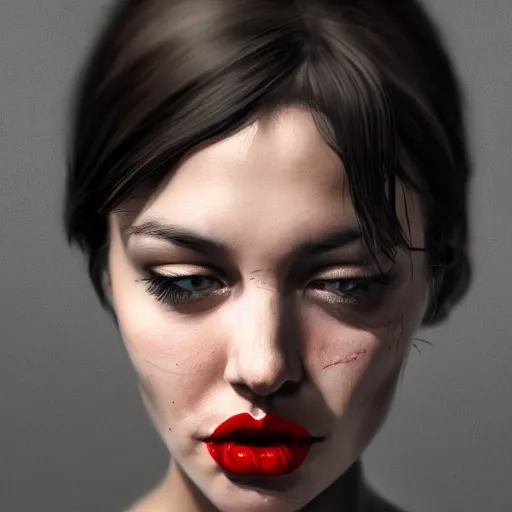 Image similar to angry and disgruntled mom, detailed face with red lips, black eyes and large forehead, detailed body, moody atmosphere, digital art, highly detailed, high contrast, beautiful lighting, award winning, trending on art station, photorealistic, 8 k,