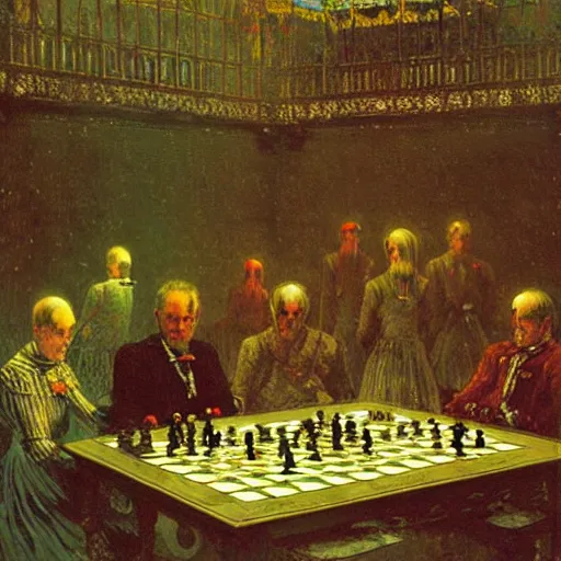 Prompt: Illustration of chess, art by John Atkinson Grimshaw