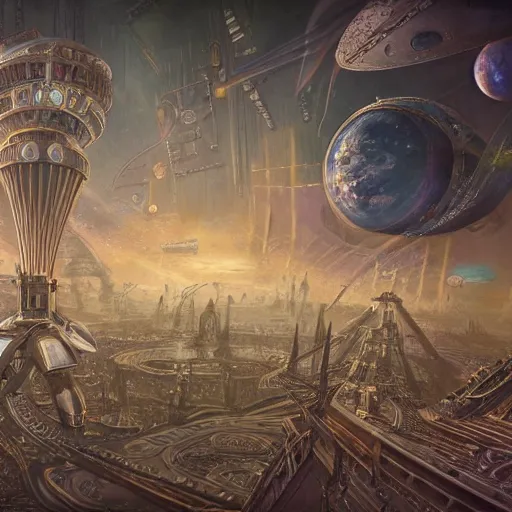 Image similar to futuristic steam punk citadel in space, 1 9 2 0 ’ s colored pencil, highly detailed, highly accurate, abstract art, deep aesthetic, 8 k, highly ornate intricate details, cinematic lighting, rich colors, ray tracing, hyperrealistic, photorealistic, cinematic landscape, trending on artstation,
