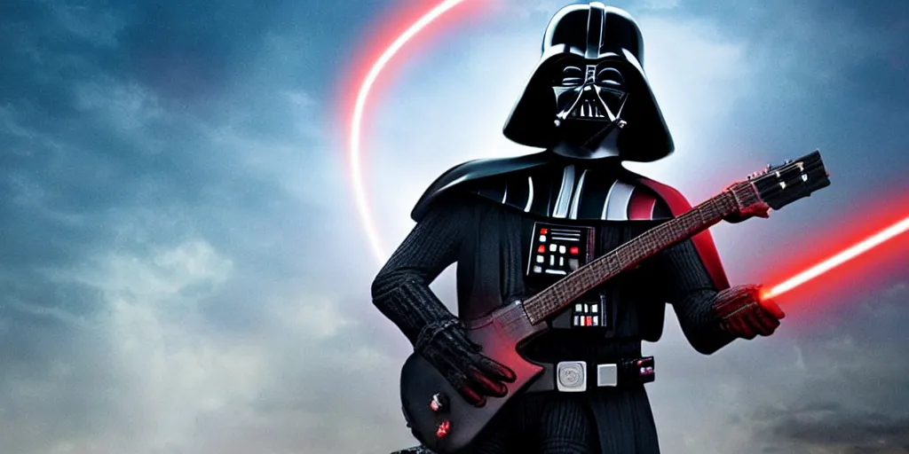 Image similar to Darth Vader playing electric guitar on top of mountain, 'Stranger Things'