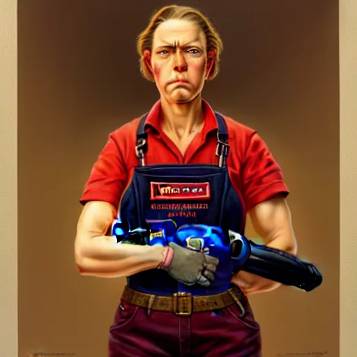 Image similar to epic portrait a slightly muscular woman wearing short sleeved uniform and carrying a red power tool drill, detailed, centered, digital painting, artstation, concept art, donato giancola, Joseph Christian Leyendecker, WLOP, Boris Vallejo, Breathtaking, 8k resolution, extremely detailed, beautiful, establishing shot, artistic, hyperrealistic, beautiful face, octane render