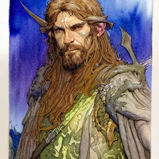 Prompt: a realistic and atmospheric watercolour fantasy character concept art portrait of ian mc kellen as a druidic warrior wizard looking at the camera with an intelligent gaze by rebecca guay, michael kaluta, charles vess and jean moebius giraud