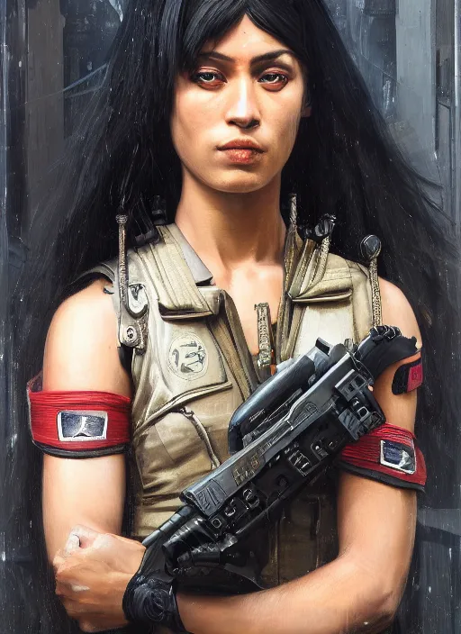 Image similar to Katana. beautiful cyberpunk soldier wearing a military vest and military jumpsuit (cyberpunk 2077). gorgeous african face. Iranian orientalist portrait by john william waterhouse and Edwin Longsden Long and Theodore Ralli and Nasreddine Dinet, oil on canvas. Cinematic, hyper realism, realistic proportions, dramatic lighting, high detail 4k