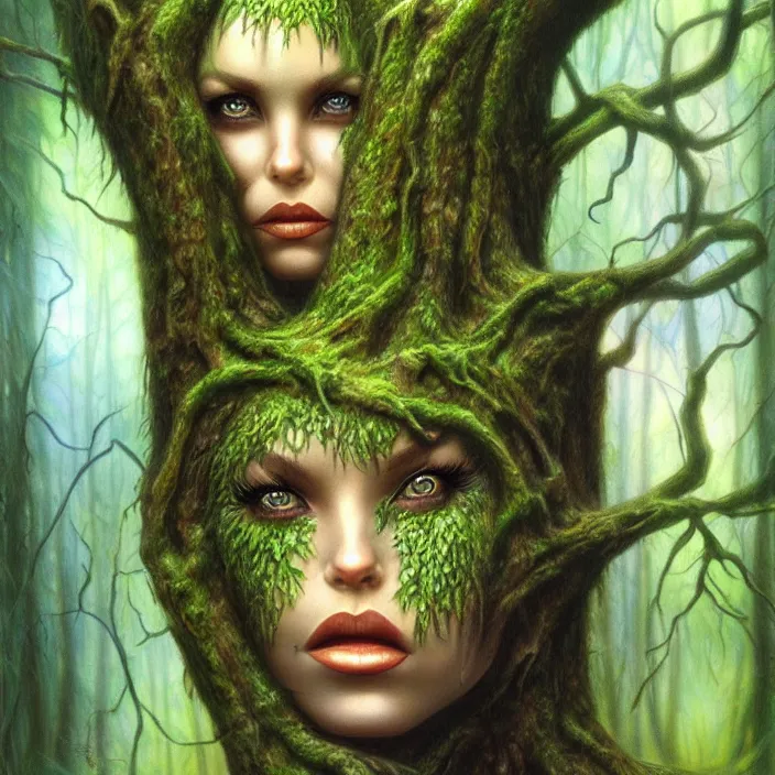 Image similar to female dryad, dark forest, surreal, nature, light shining through, hyper - realistic, highly detailed, sharp focus, smooth, intricate, boris vallejo art style