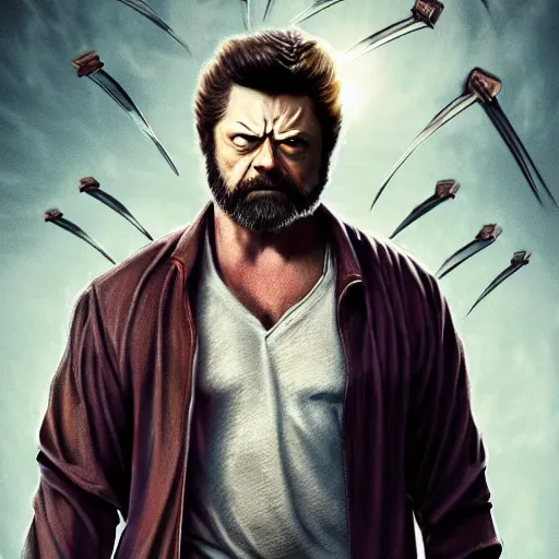 Prompt: logan pictured as nick offerman in wolverine x - men suit, imdb, marvel movie still, detailed 8 k, poster style, deviantart and artstation top picks