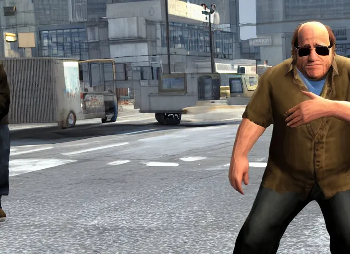 Prompt: video game still of danny devito in the video grand theft auto iv,