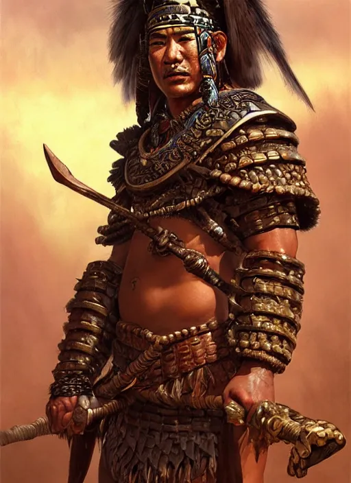 Image similar to tai warlord, portrait, historical, ethnic group, traditional costume, leather armor, fantasy, intricate, with dong son bronze artifacts, beads cross onbare chest, elegant, loin cloth, highly detailed, oill painting, artstation, concept art, matte, sharp focus, illustration, hearthstone, art by earl norem