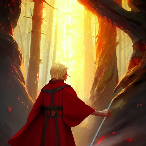 Image similar to middle adged blonde male elf wizard in red robes, surrounded by fire, epic wallpaper, high fantasy, trees, intricate detail, digital painting, artstation, concept art, smooth, sharp focus, illustration, art by greg rutkowski and wlop and raymond swanland and ross tran