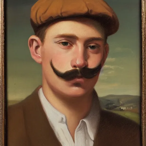 Image similar to portrait of a british young man in a flat cap, a small mustache, and a nice brown suit, oil painting