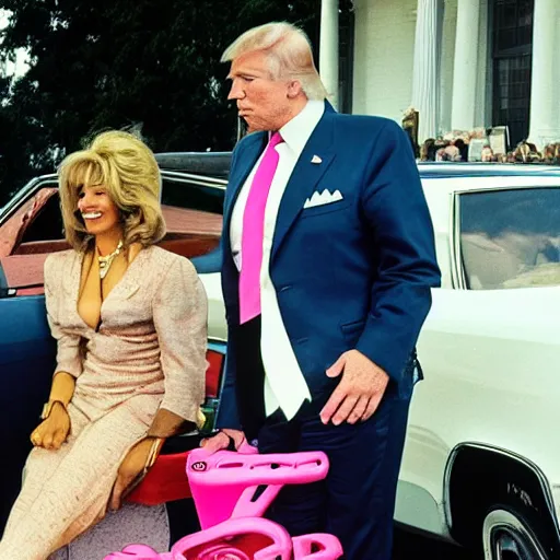 Prompt: a portrait of president biden as a 7 0 s pimp with a pink sportscar in the background and donald trump midget