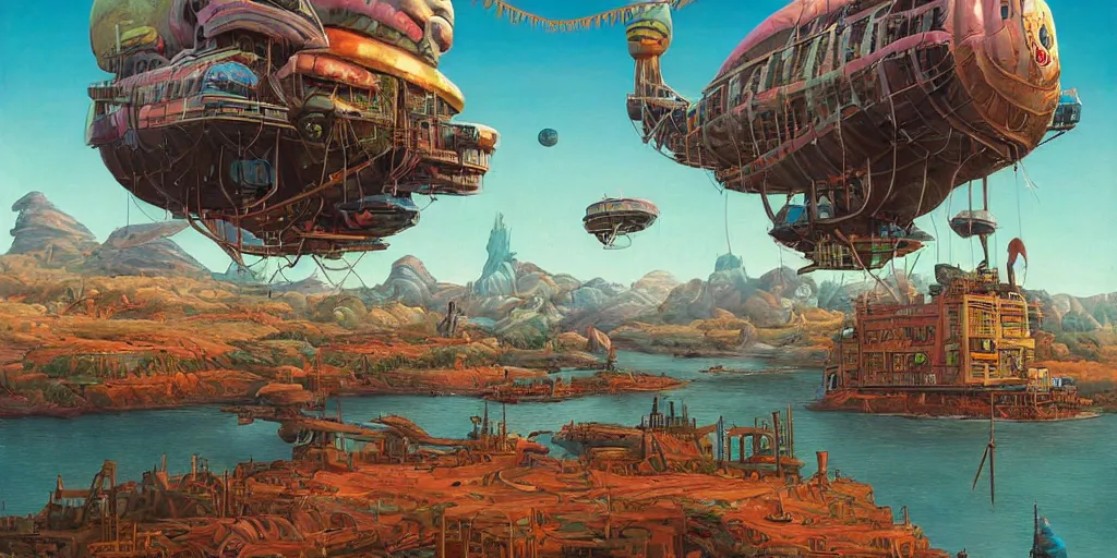 Image similar to a beautiful and highly detailed painting of an aaahh!!! Real Monsters airship docked at an aaahh!!! Real Monsters airship port by James Gurney and beeple | Unreal Engine: .4 | establishing shot | graphic novel, illustration: .3