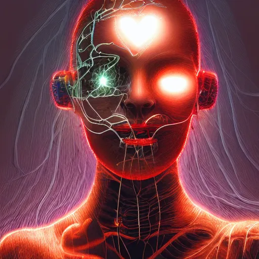 Prompt: cyborg machine, wires bare, beautiful face, sad eyes, love, dreamscape, digital painting, concept art, 8 k, by neil gaiman - n 4