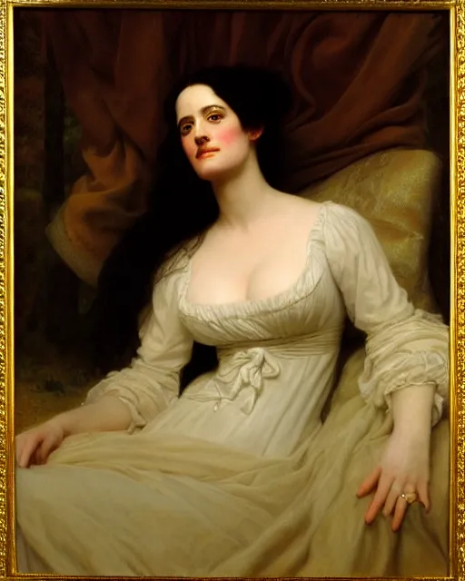 Prompt: portrait en buste of eva green vesper lynd vannessa ives in repose by Hughes Merle, by Pierre Auguste Cot, stunning, beautiful, abundant detail