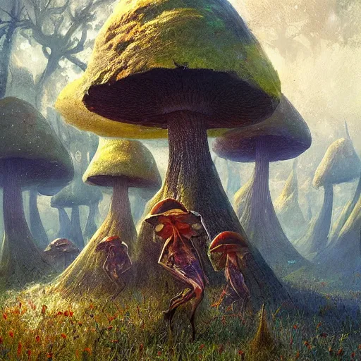 Prompt: psychedelic trip mushrooms geog darrow greg rutkowski