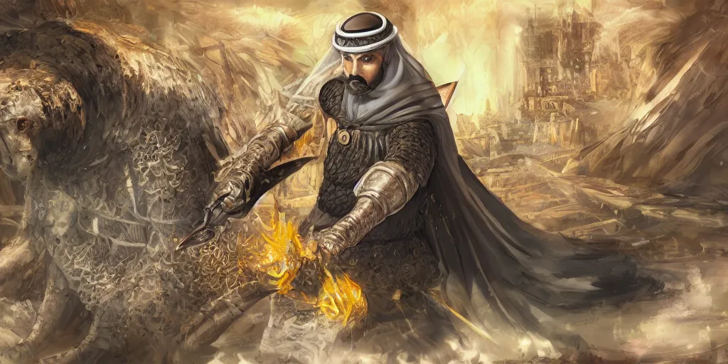 Image similar to sheikh mohammed ruler of dubai, medieval, human, village, berserk anime background, cooking a big bear, detailed features, concept art, pop art, illustration, smooth, sharp focus, intricate, 4 k