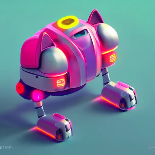 Image similar to Isometric Kitty Bot, 3D character realistic, very colorful, cinematic lighting, soft neon, octane render, trending on Artstation