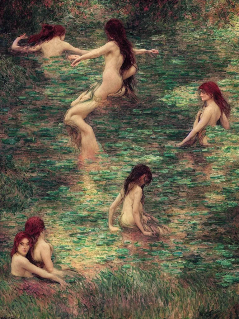 Image similar to illustration studio portrait of three dark beautiful woman bodies mermaids female energy in artistic poses in the river at the forest, monet painterly motives and textures pattern, hyper detailed, octane render, vivid colors, artstation, by jeremy mann, by alphonse mucha, by monet