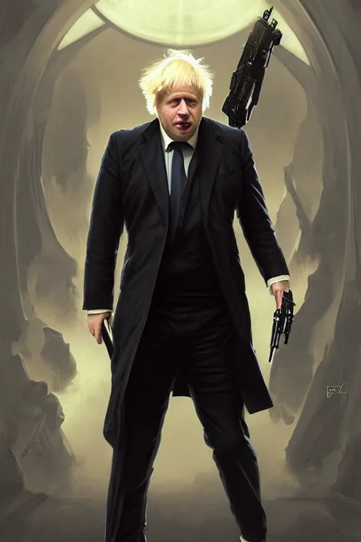 Prompt: Boris Johnson as Neo from Matrix in shades stoping bullets, Boris Johnson hairstyle, full body realistic portrait, highly detailed, muscular body, digital painting, artstation, concept art, smooth, sharp focus, illustration, cinematic lighting, art by artgerm and greg rutkowski and alphonse mucha