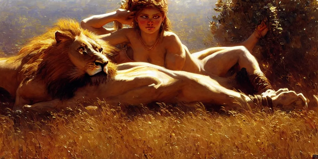 Image similar to an exhausted lion hunter girl. highly detailed painting by gaston bussiere, craig mullins, j. c. leyendecker 8 k