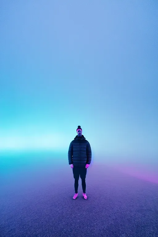 Prompt: high quality pastel coloured film wide angle selfie photograph of a plain looking male with cyber enhancement standing in an icelandic black rock environment. sarcastic expression. three point light. photographic. art directed. pastel colours. volumetric light. stark. waves glitch. 8 k. filmic.