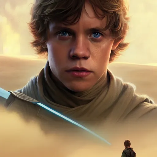 Image similar to a portrait of young luke skywalker cinematic lighting, photorealistic, octane render, 8 k, depth of field, 3 d, art by artgerm and greg rutkowski and alphonse mucha and uang guangjian and gil elvgren and sachin ten