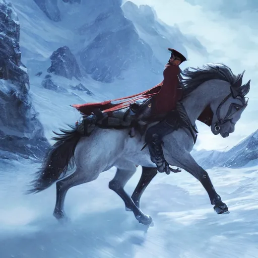 Prompt: Napoleon Crossing the Alps, with an alien horse, atmospheric lighting, by Makoto Shinkai and Ruan Jia